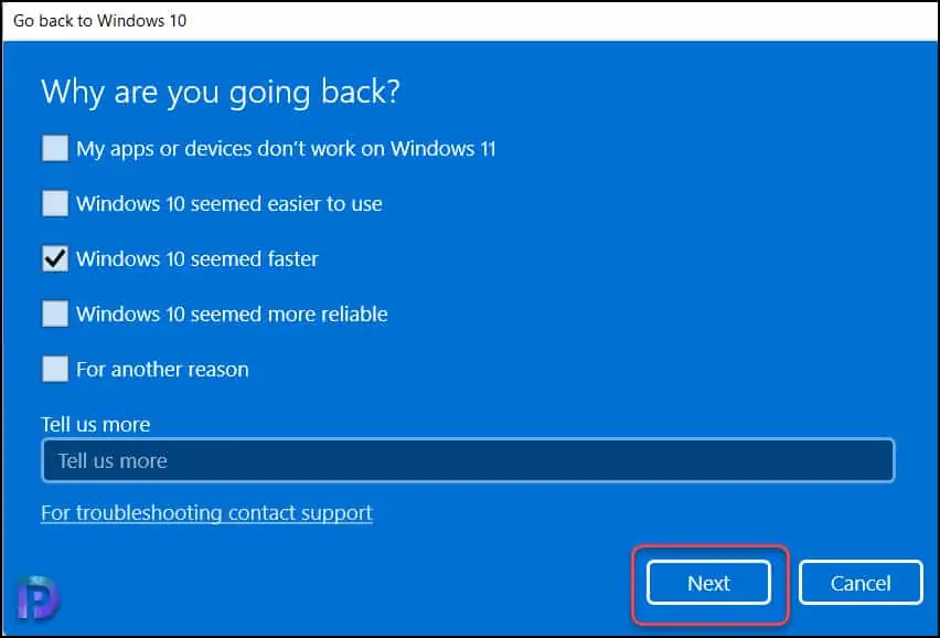 指定回滚到Windows 10的原因