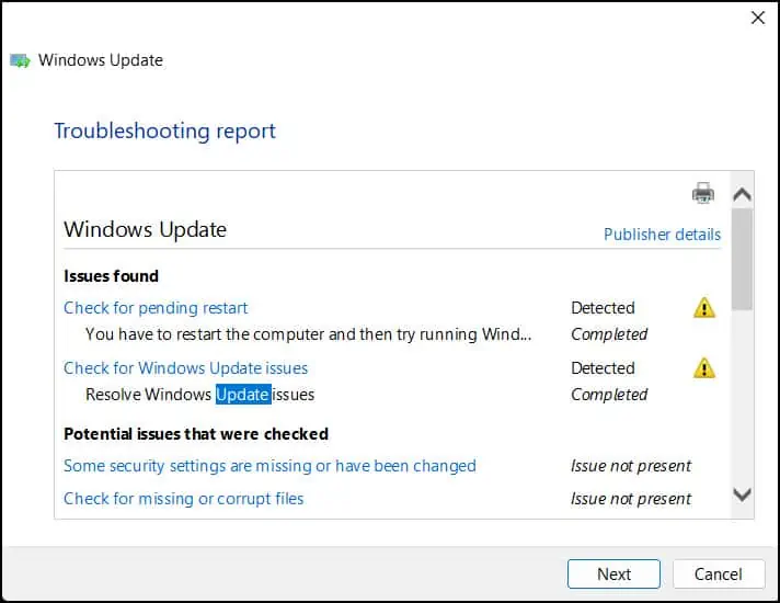 Windows更新故障排除报告