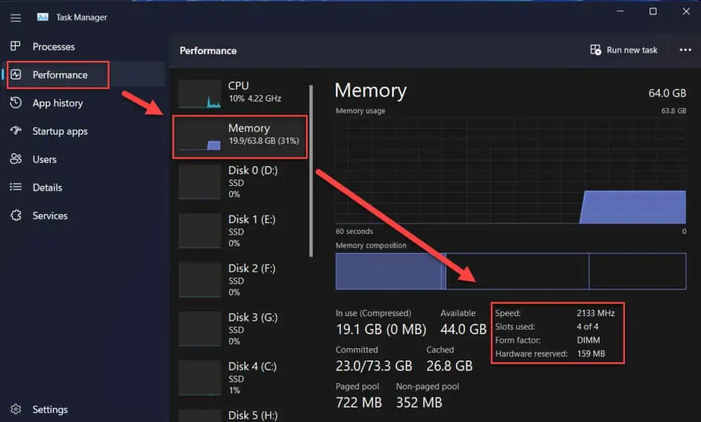 使用Windows 11任务管理器查找可用的RAM插槽