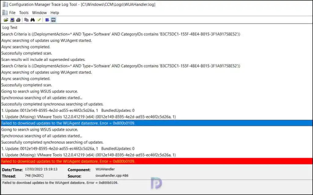 日志含义下载更新到WUAgent数据存储失败。错误= 0x800b0109