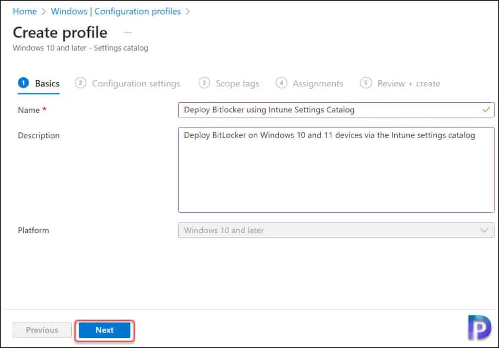 Create Configuration Profile in Intune for Bitlocker Deployment