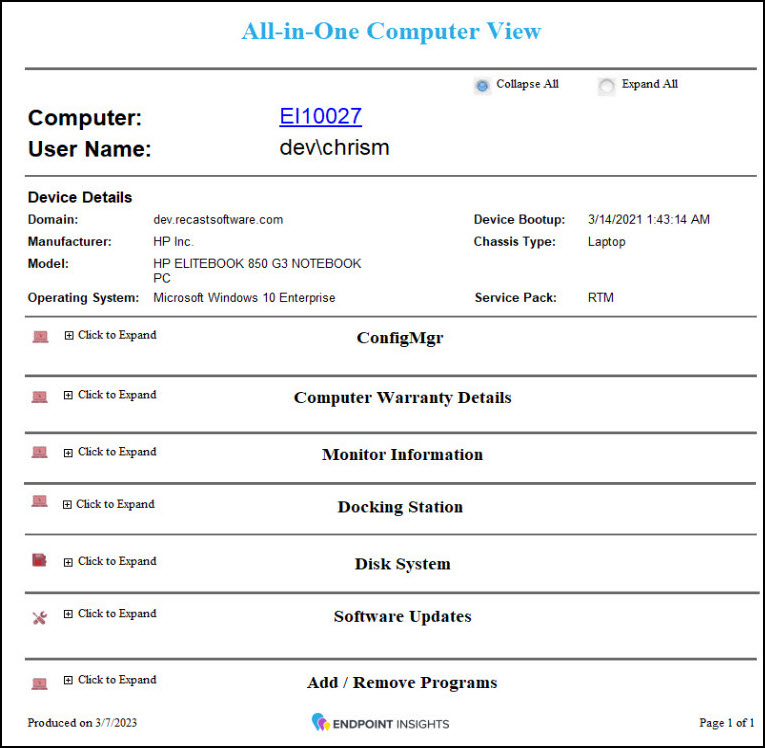 The All-in-One Computer View report gives you a deep look into a single device for quick insights
