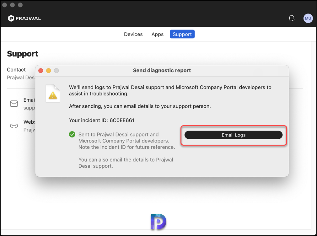 发诊断报告to Microsoft from Company Portal on macOS device