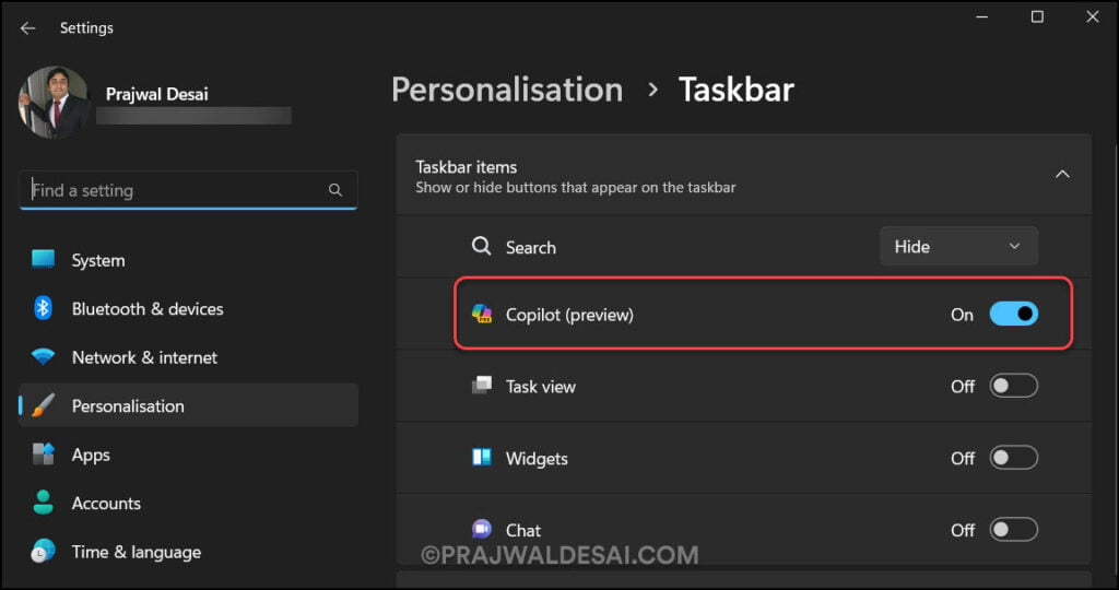 Remove Copilot from Windows 11 taskbar using Settings