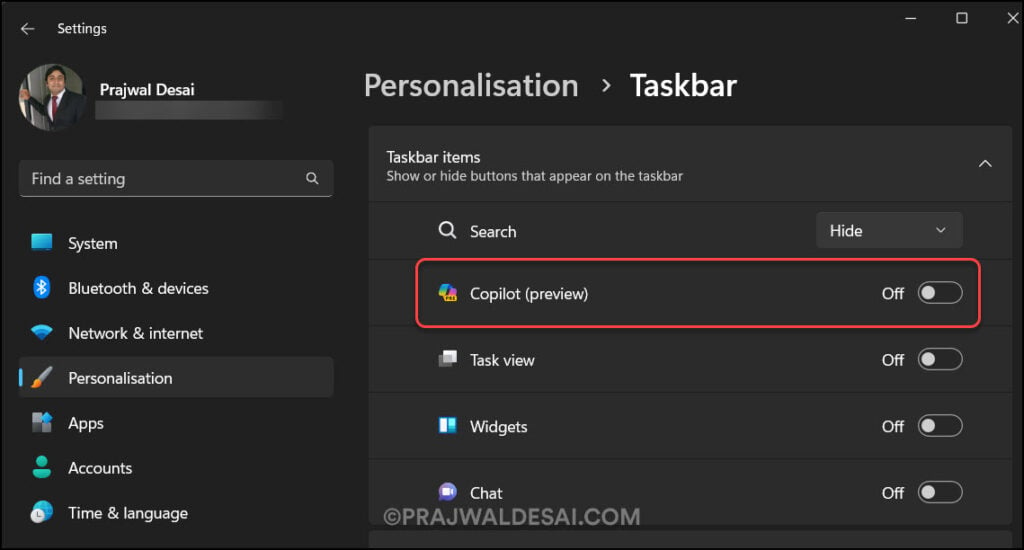 Remove Copilot from Windows 11 taskbar using Settings