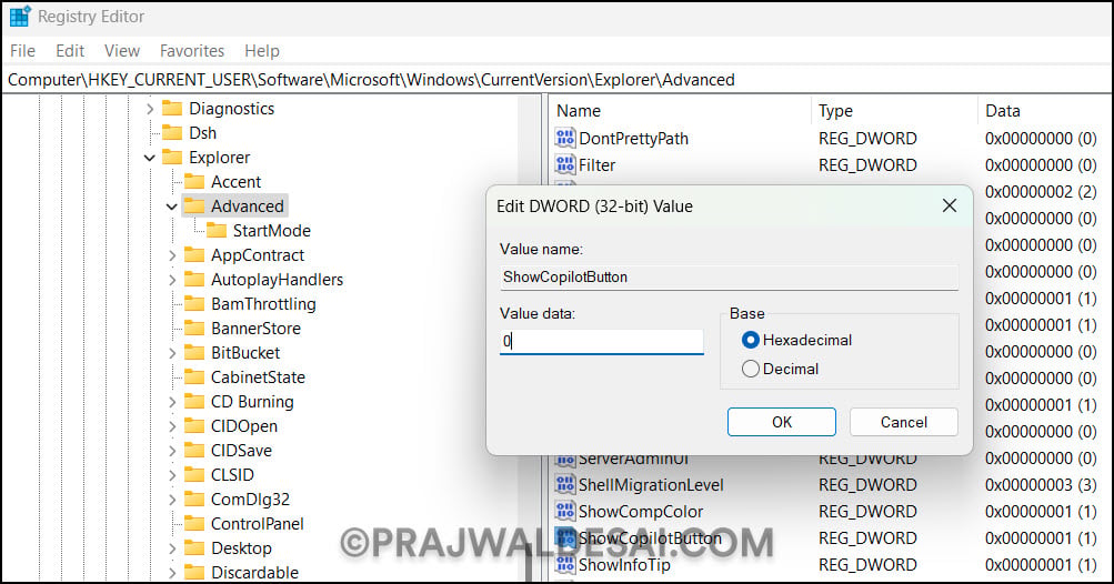 Disable Copilot on Windows 11 TaskBar using Registry
