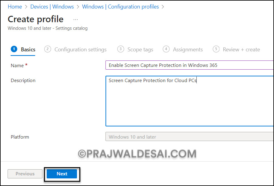 Create a configuration profile in Intune to Turn on Screen Capture Protection